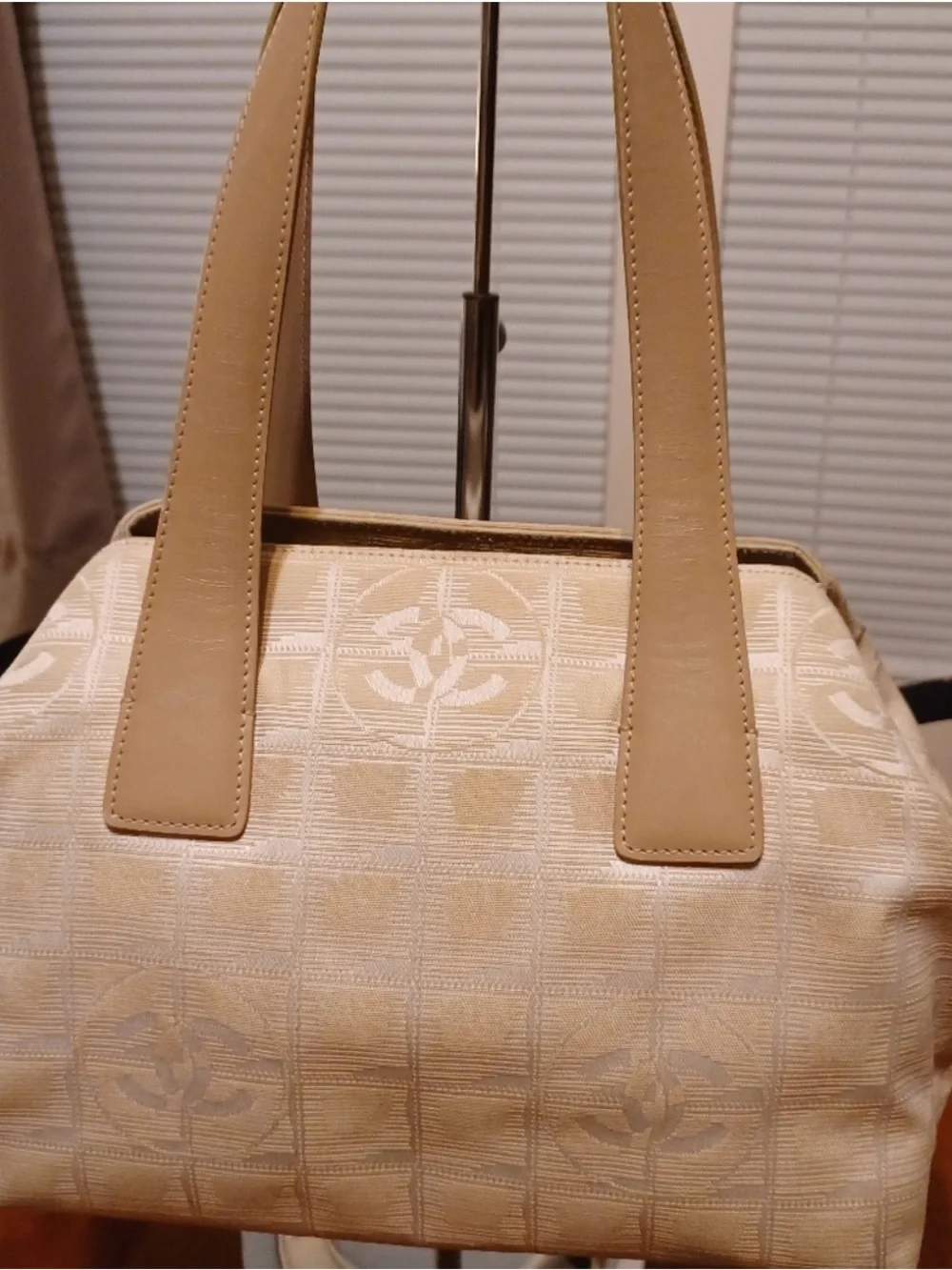 CHANEL Beige Canvas Satchel with Tan Leather Handles